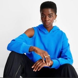 Blue Cold-Shoulder Hoodie Sweatshirt